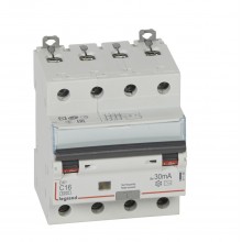 Автоматический выключатель дифференциального тока DX³ 6000, 10 кА, тип характеристики С, 4П, 400 В~, 20 А, тип AС, 30 мА, 4 модуля, артикул 411187  Legrand