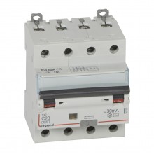 Автоматический выключатель дифференциального тока DX³ 6000, 10 кА, тип характеристики С, 4П, 400 В~, 25 А, тип AС, 30 мА, 4 модуля, артикул 411188  Legrand