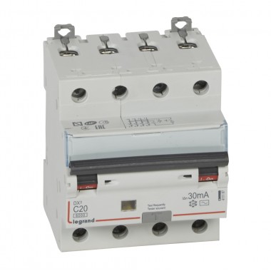 Автоматический выключатель дифференциального тока DX³ 6000, 10 кА, тип характеристики С, 4П, 400 В~, 25 А, тип AС, 30 мА, 4 модуля, артикул 411188  Legrand