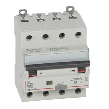 Автоматический выключатель дифференциального тока DX³ 6000, 10 кА, тип характеристики С, 4П, 400 В~, 32 А, тип AС, 30 мА, 4 модуля, артикул 411189  Legrand